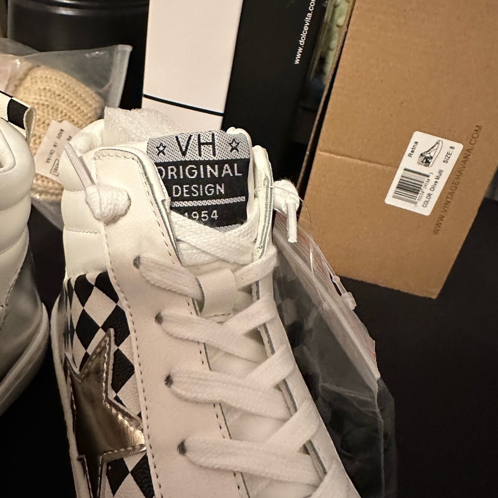 Vintage Havana White and Black Sneakers with Silver and Gold Accents - Picture 2 of 7
